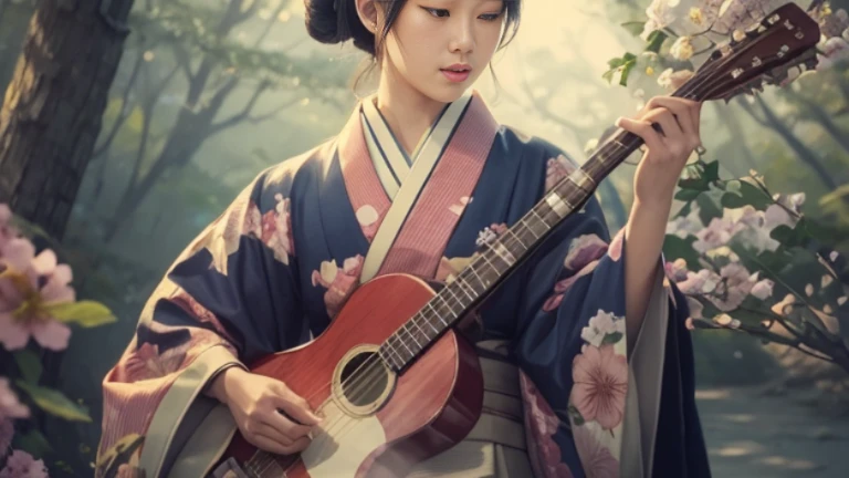 Drawn with colored pencils,traditional japanese art,Delicate lines and shadows,Beautifully detailed characters,Characters wearing kimonos,Background trees and flowers,Vibrant colors,Soft lighting,Portraiture