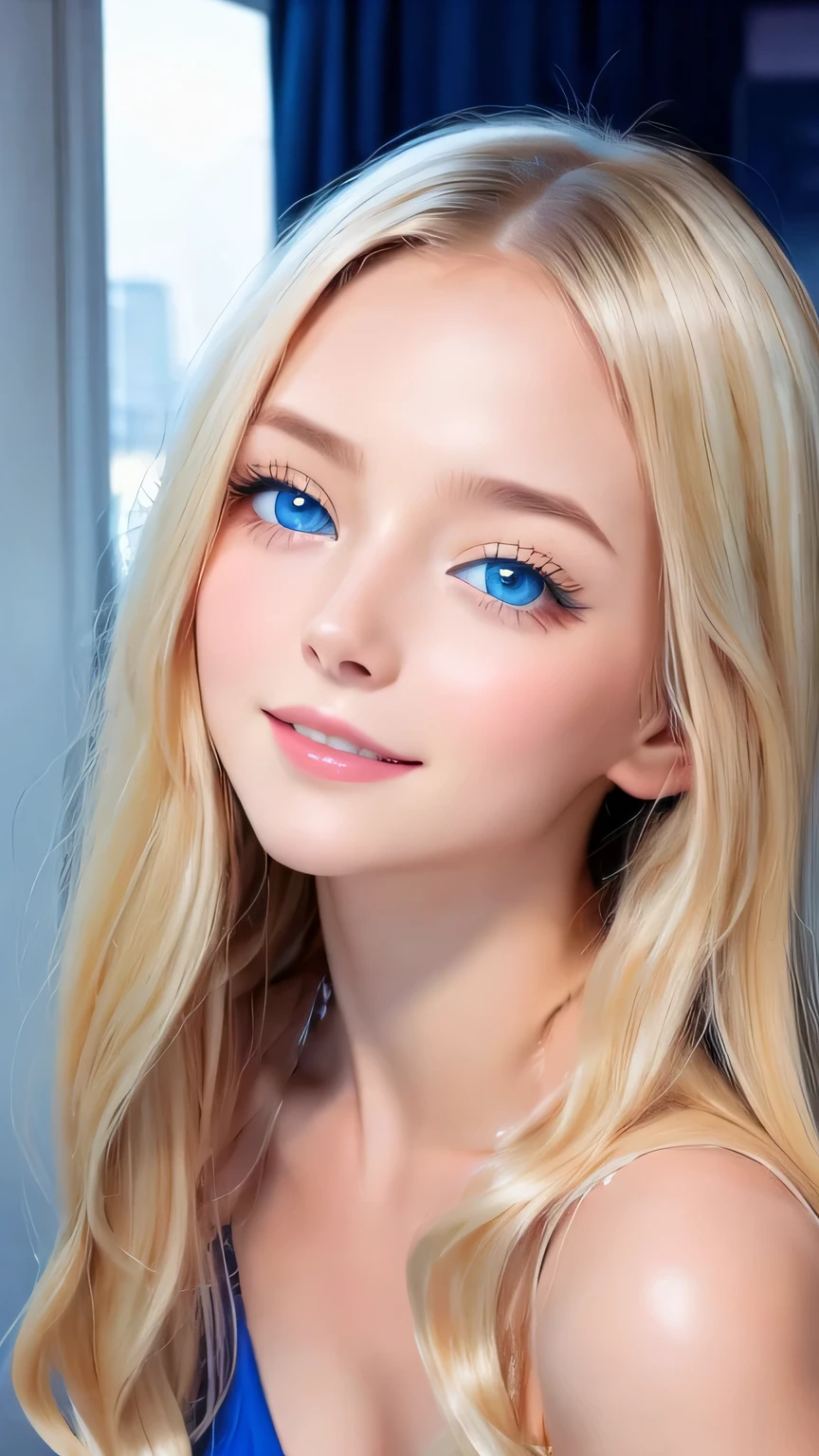 Very beautiful shiny pretty face、Beautiful shiny white skin、Glowing cheek highlight、Beautiful cute sexy pale blue eyes、hair over eyes、hair over one eye、hair between eyes、Big double eyelid eyes、Beautiful very long shiny silky pale blonde straight hair、Sexy 15 years old、A cute beautiful girl with long bangs、The most beautiful girls in the world in the West、Round face、Adorable appearance、