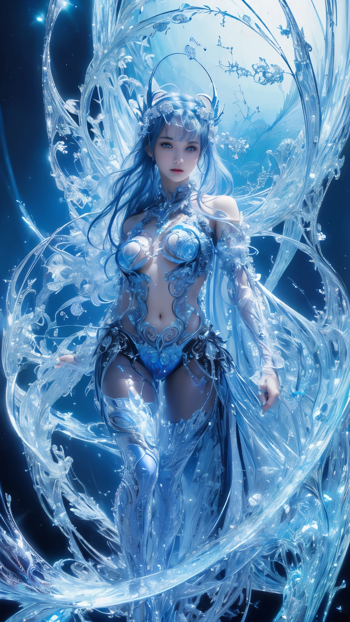 (masterpiece, top quality, best quality, official art, beautiful and aesthetic:1.2), (1girl), (fractal art:1.2),absurd, high resolution, costume making from extremely detailed transparent blue liquid, super accurate depiction, solo, (zentangle:1.2), floating hair, shiny skin, (abstract:1.2), tights, looking at viewer, complex robot , Halo,