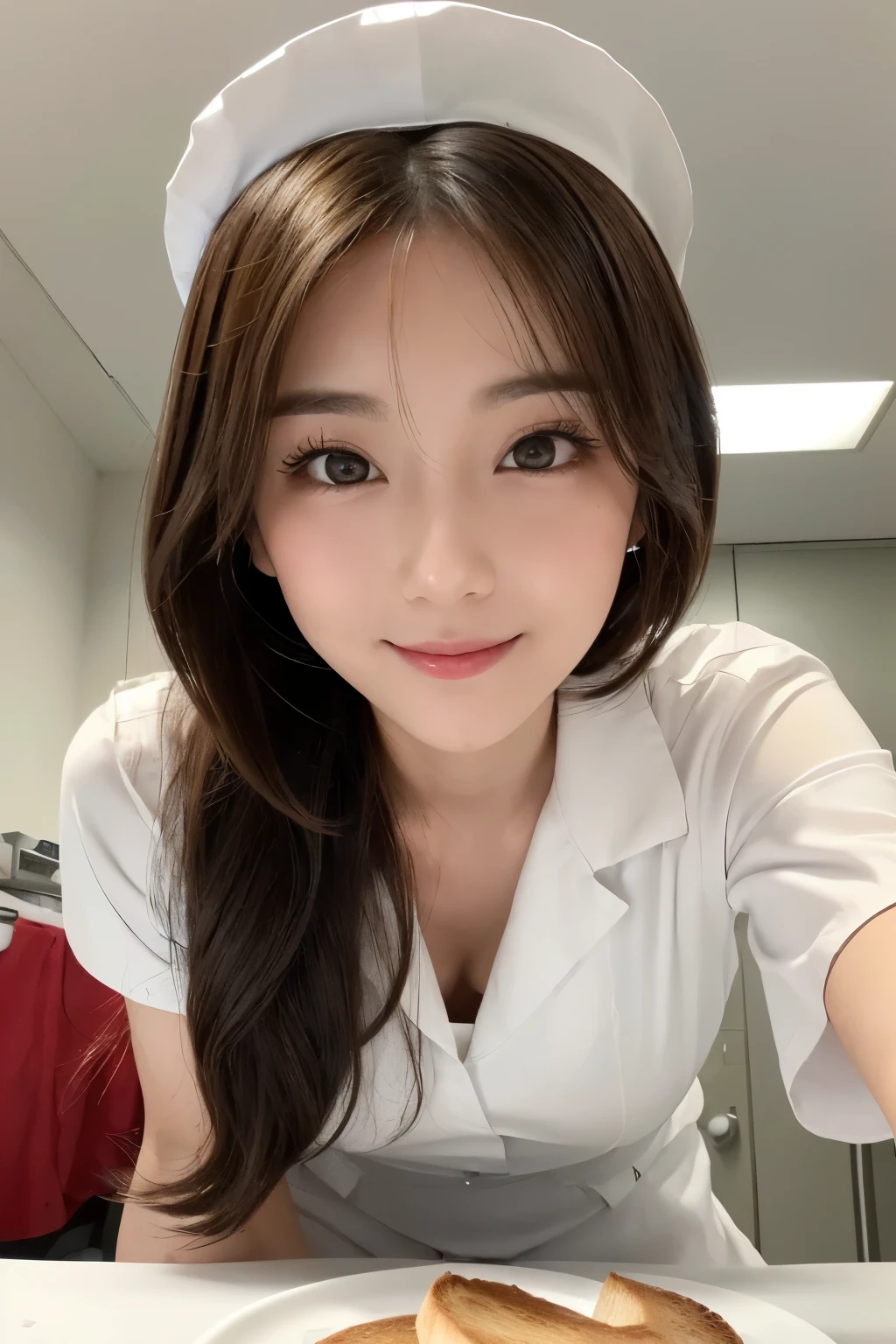 (1girl)、(Japanese、27 years old、Refreshing、clear、seems kind、stylish、(narrow eyes)、Pitiful、cute like an angel、cute、black eyes、Idol,actress,), Good style and slenderness, (Beautiful big breasts:0.7),(soft breasts),(very cute),(brown hair),,(tendrils),(medium long hair),(enchanting eyes),(highlight on eyes:1.2)、(8K、Live shooting、highest quality、masterpiece:1.2、optimal lighting)、((masterpiece)),(Photo taken by a professional photographer),(real、photo real:1.4),break,{ (white nurse costume),(((taraditional nurse uniform))),(white nurse mini skirt),(( pantyhose)),(cleavage:0.7)},(Smile1.0),(cheeks are red:1.2)、,((Plate with toast))、Face close-up:1.3,Looking at viewer、Mouth wide open, break, break,Hospital room,Hospital bed,