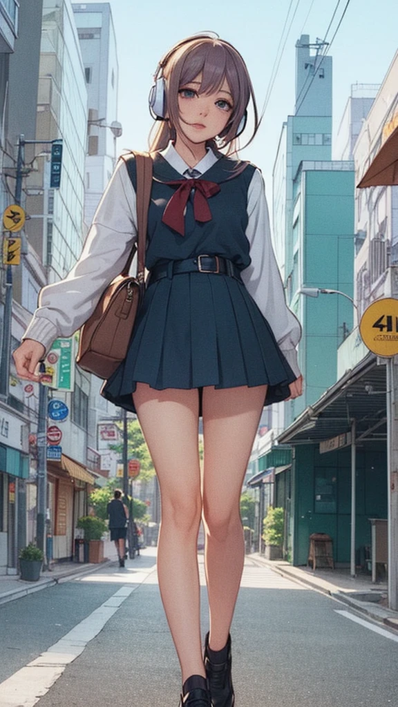 Anime Girls with headphones on walking across a busy city street, Beautiful anime school girl, Lofty Girl, Anime atmosphere, Anime Style 4 k, young Anime Girls, Anime Aesthetics, an Anime Girls, Anime Style illustration, retro Anime Girls, Anime Style. 8k, City Girl Fan Art, Tokyo Anime Scene, Anime Girls, Digital anime illustration, modern Anime Style