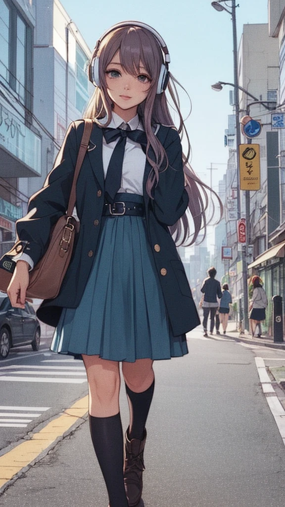 Anime Girls with headphones on walking across a busy city street, Beautiful anime school girl, Lofty Girl, Anime atmosphere, Anime Style 4 k, young Anime Girls, Anime Aesthetics, an Anime Girls, Anime Style illustration, retro Anime Girls, Anime Style. 8k, City Girl Fan Art, Tokyo Anime Scene, Anime Girls, Digital anime illustration, modern Anime Style