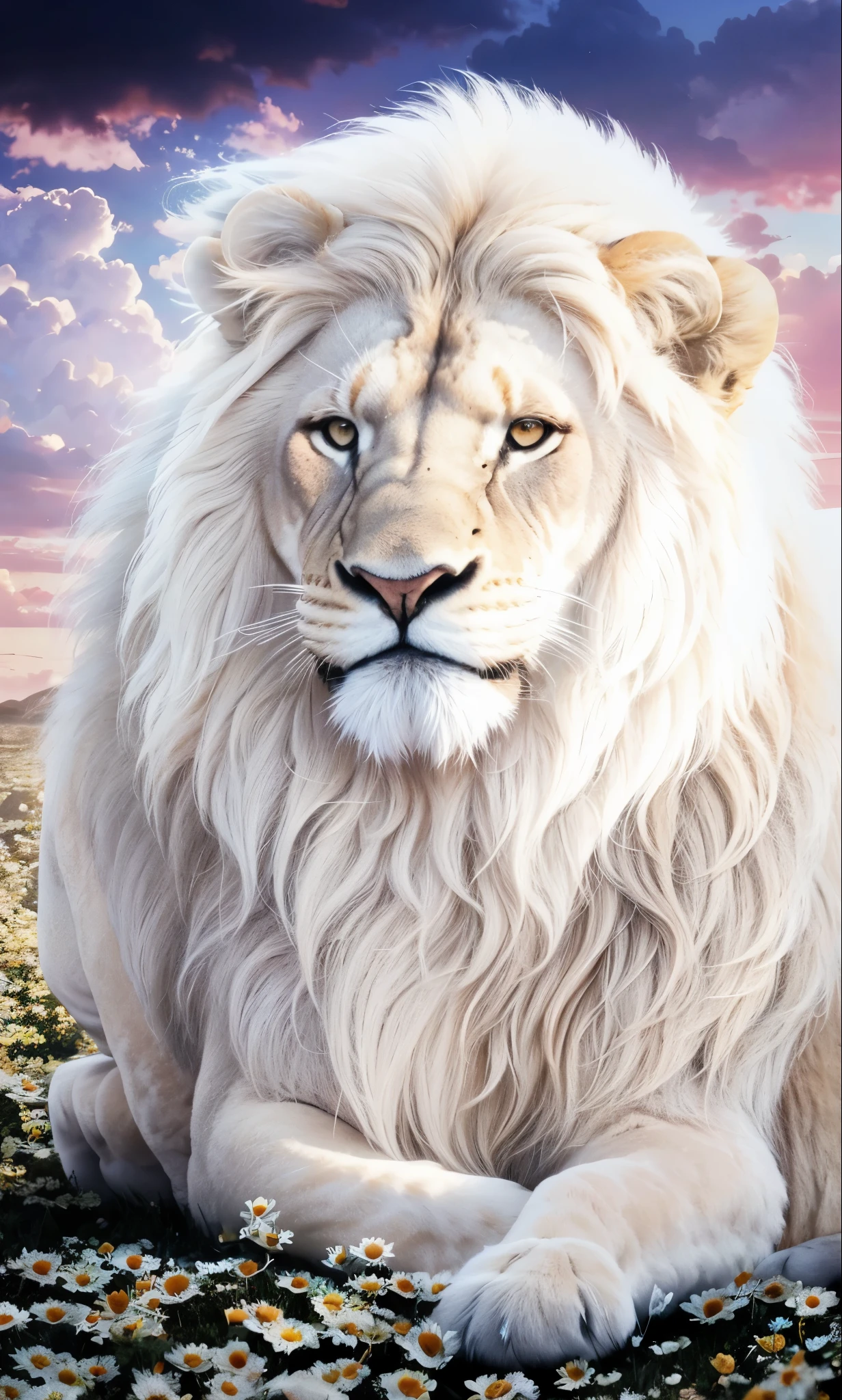 mais bela arte. A white lion with a long, perfect mane, com os olhos flamejantes. usando uma armadura dourada. Empe on top of an ethyl stone the Lion King in the auto of a mountain, observado uma cidade moderna mais sombria. imagem de alta qualidade
