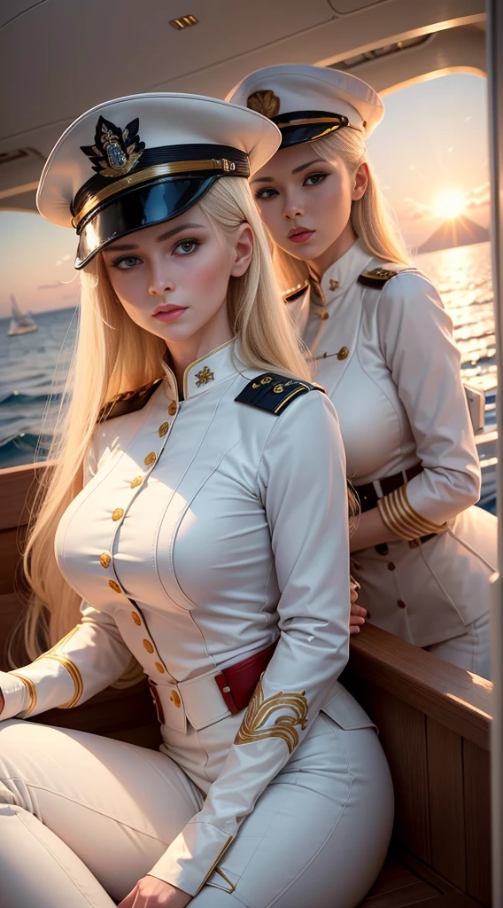 RAW, masterpiece, super fine photo with best quality, super high resolution, realistic, full body portrait, stunningly beautiful, dynamic pose, delicate face, vibrant eyes, 1 girl, red face, slightly open lips, wet body, full and symmetrical breasts, raised buttocks, tight white long trench coat, trench coat length to knees, two breasts buttoned, trench coat completely covering the body, white military cap, white gloves, cream white knee-length boots, wavy curls, tattoo, chest close-up, hip close-up, multiple angles, Black sky, dark background, dim lighting, dynamic angle, flowing, sitting with thighs up, very detailed background, detailed face, detailed gorgeous background, milky white, high detail skin, realistic skin details, visible pores, clear focus, volumetric fog, 8k UHD, DSLR camera, high quality, film grain, fair skin, realism, lomography, utopian metropolis in the future, as seen from below,