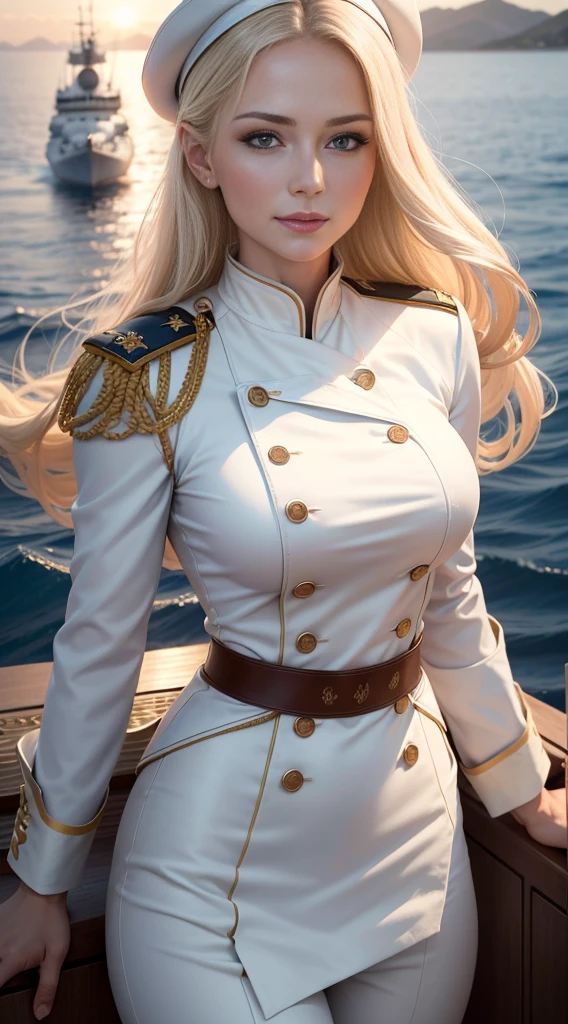 (Masterpiece), Best quality, Highest quality,  Detailed and intricate, Original,A high resolution,shot of，(((full body shot shot)))，fully body photo,(((Full body appearance)))，extremely detailed goddess shot
\\ 
One guy，no other people，(30 age old),Extremely detailed_Eyes, Sexy,Female naval officer，Beautiful naval officer，Elegant and experienced female naval officer，Sexy female naval officer, Woman in white military uniform，Jaw-dropping beauty,Gorgeous woman,Mature female,Royal Sister
(eyes liner:0.5),(Blush:0.5),Blonde hair,（Long hair with a shawl，Layered Hair Style，curlies），Simple Diamond Earrings,Detailed skin, beautiful  face，Light smile，Seductive expression，（Erotic, Seductive）
\\
dressed in：Woman in white military uniform，Blonde woman in white navy uniform，Uniform of a female naval officer,(glamour body，Anterior convex and posterior)，(a mature female)　Super beauty　(lifelike face),(Breasts), (gigantic cleavage breasts)(Bigboobs, Deep cleavage, Sexy navel, Large breasts and deep cleavage)，Navy cap，Women's navy cap，White navy cap，Purple bra，lace-trimmed bra，Lace bra，Female naval officer uniform (Phnom Penh uniform，Female naval officer uniform:1.2)，breasted，（Button，Gold-tone buttons），the sleeve，Blue cuffs，（Gold-rimmed cuffs），Shawl，Blue shawl，（Shawl cloak，Blue naval officer shawl cloak）High legs, Bare legs, （Sexy thighs，Mature female legs，Plump legs），stocklings，black lence stockings，Clear stockings，(Black pantyhose:1.1)，high-heels,（（Gold-tone heel）），mitts，(Silk gloves，White gloves，see-through gloves，Gorgeous lace pattern)，Short white pencil skirt，Skinny Pencil Skirt，White women's military uniform pencil short skirt，(white  skirt,short transparent dress，White pencil skirt,transparent pubic hair， white  skirt），Navy blue epaulettes，Naval insignia，
Action：Meticulous clothing,Dynamic pose((standing on your feet,spread their legs)),Erotic photo shooting,Perfect anatomy,((matching hairstyle, Match faces, matching outfits))
\\
Background with: (afloat，Pose on a warship:1.3)
