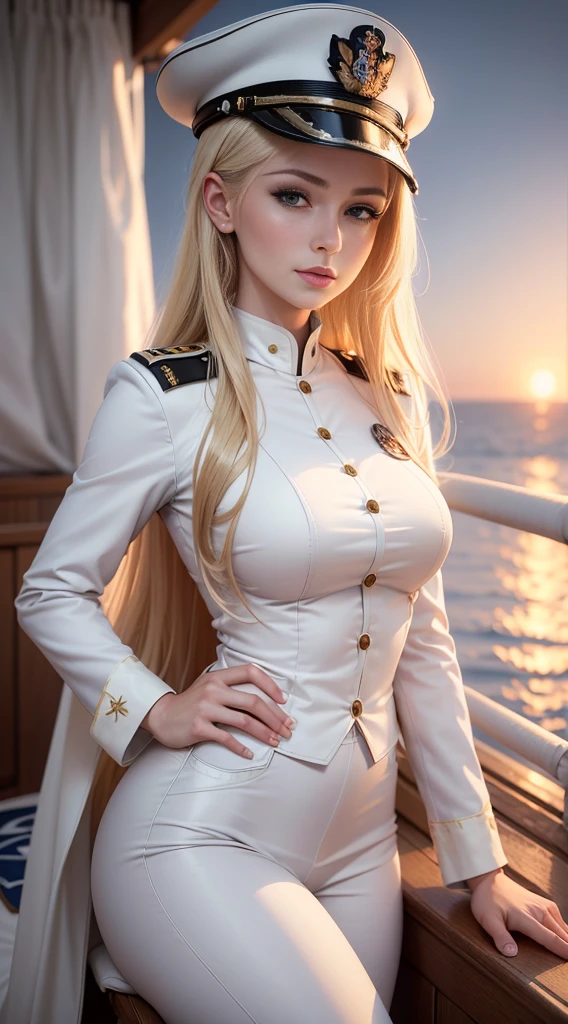 (8K,Photorealsitic　RAW photography　top-quality;1.4) 　(1 mature female)　Super beauty　(lifelike face)　Blonde woman in white uniform poses on warship,　Woman in white military uniform　White military pants　Naval officer　Beautiful expression　real looking skin　超A high resolution　Precision details　Warship deck　Sunset