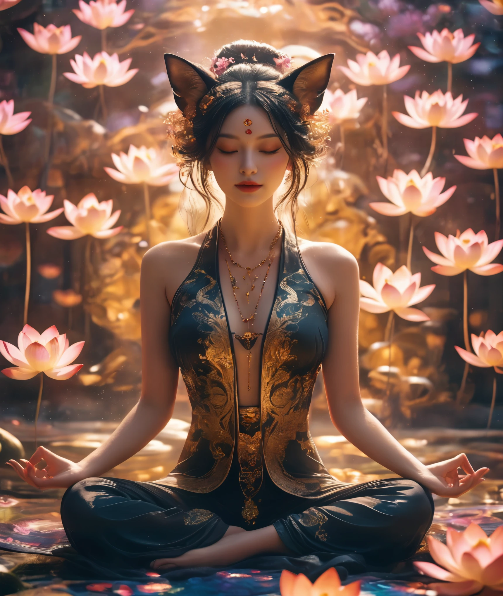 fullbody Photography of  lotus pose girl，anatomically correct,Raw, cinematic shot, (sharp focus:1.5), (photorealistic:1.4), twilight lighting, volumetric lighting, ultra high res, 16K,dramatic lighting, abstract backgrounds：1.5）（zentangle，datura，Tangles，entangled：0.7）Kitsune witch，kitsune mask，Haori jacket, foxfire spell, fox family, transformation, depth of field, Fantastical Atmosphere, The most beautiful form of chaos, ellegance, Dark theme of Fauvist design, Flower of Death, Flowers of ecstasy，Glowing Line,Glow Example，Tracking example，flash， Backlight，translucent，light particles,Xill，golden