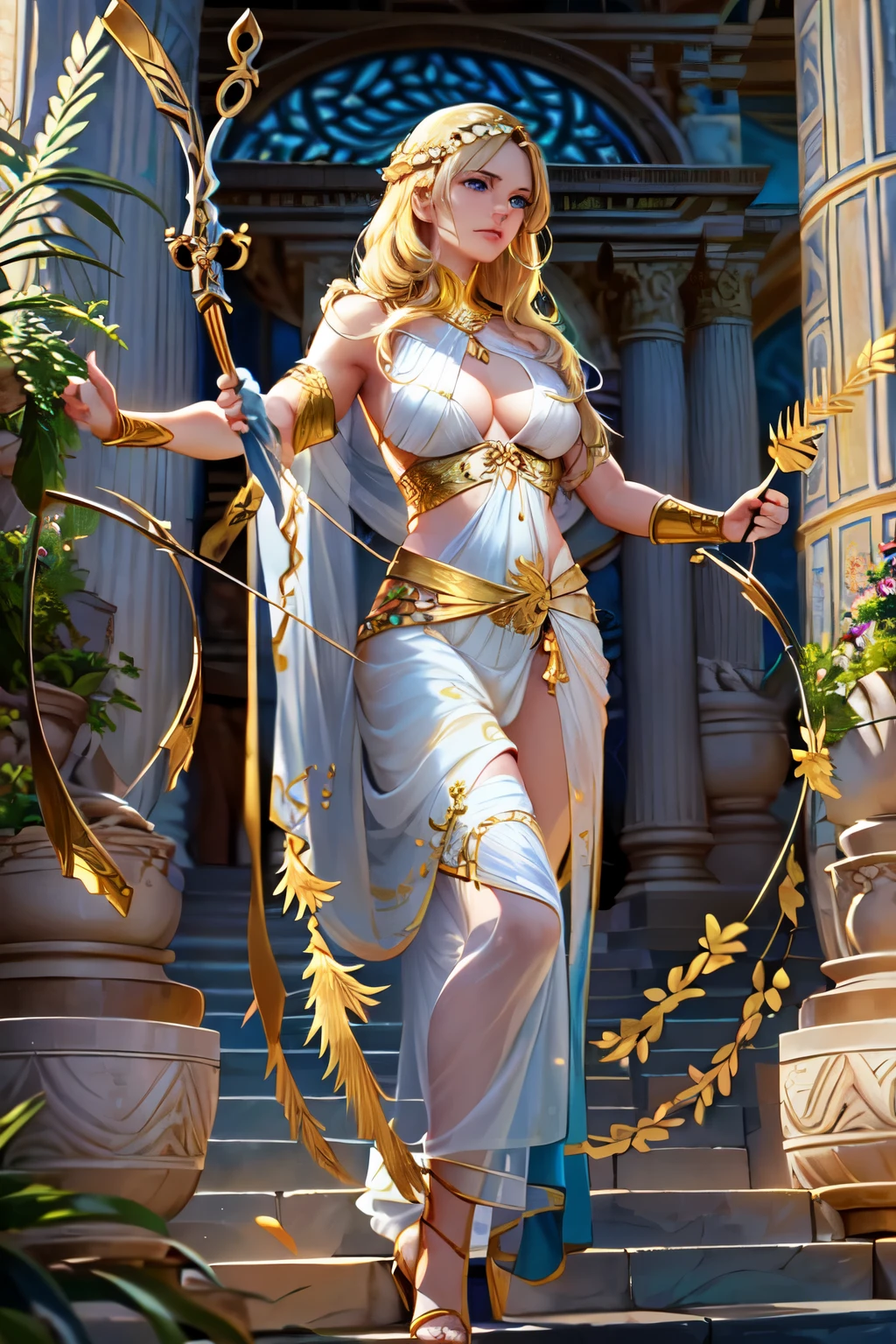 Young virgin greek goddess of wild nature and hunting, with (((Blonde hair))) and (((Blue eyes))), has amazingly and stunningly beautiful appearance, is fair-skinned, slender and tall, Shows off her perfect pair of long legs, wears {sleeveless, (Very short: 1.7), (white:1.5), Greek chitons, With golden border}, Abs, "Looks strict and determined", Holding a ((Golden bow)), archery, Patroling to protect her sanctuary from evil, Mythical Arcadian mountains and forests, Greek mythology, vibrant and lively atmosphere, Photorealistic, Mythic fantasy, Hyper-Realism, ultra-quality, Super Detail, ultra accurate description of hands, masterpiece, 8K, HDR