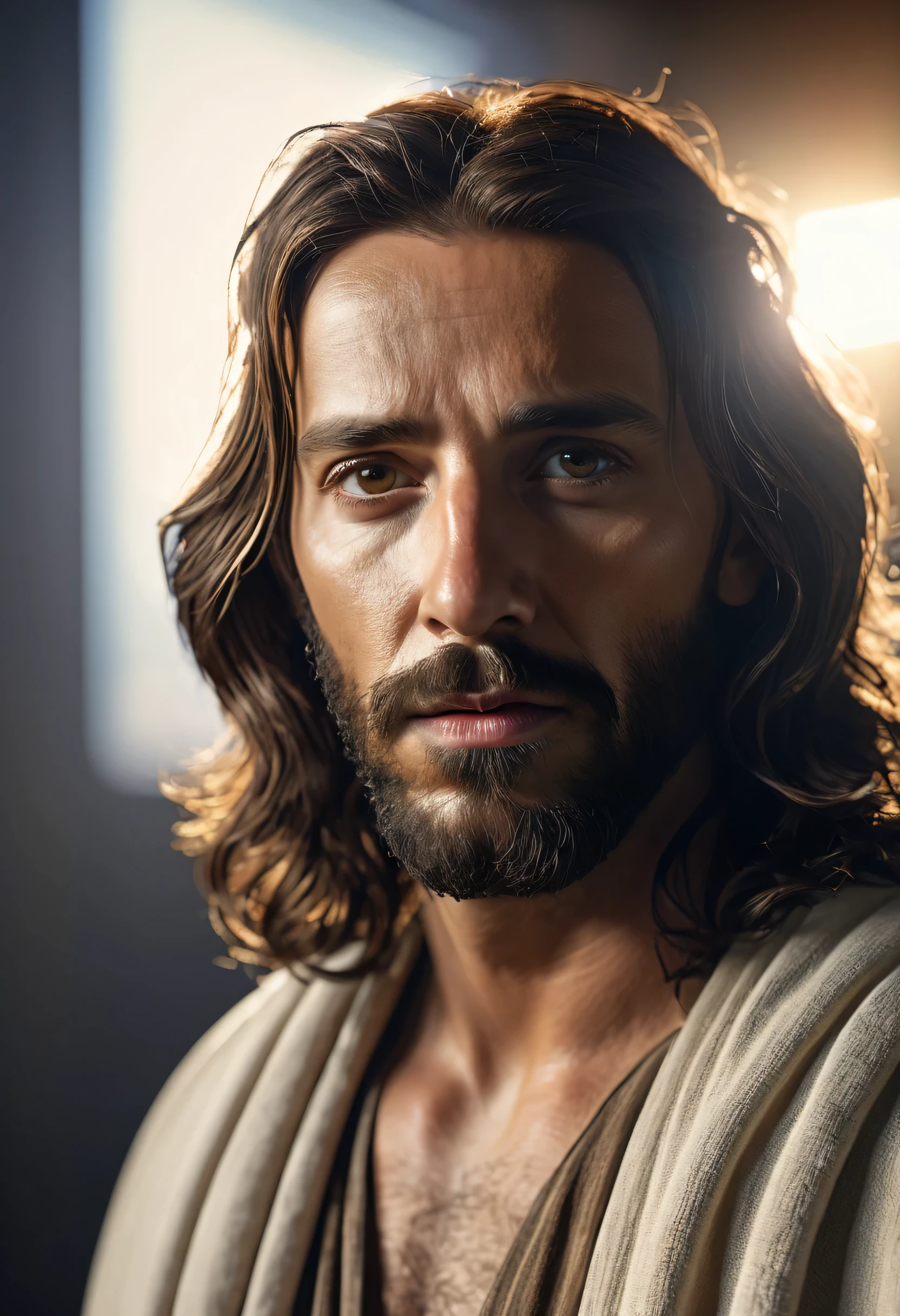 portrait of a modern Jesus, cinematic lighting, depth of field, hips, realism, photorealistic, hyperrealism, professional photography, UHD, SLR camera, HDR