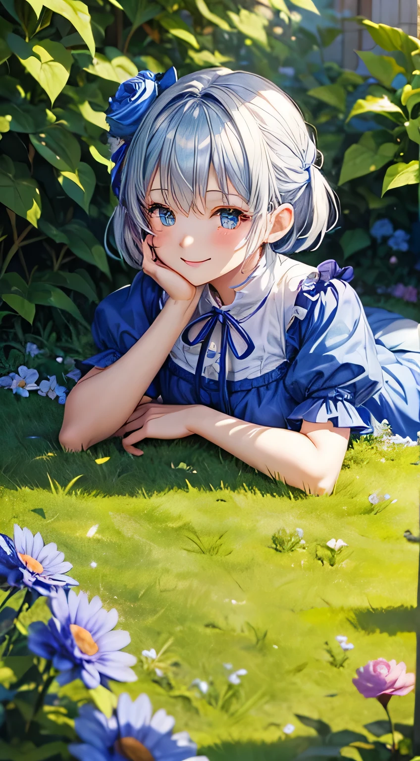 A girl anime in garden, the girl have blue dress and silver short hair, nobles , cute girl, smiling, Blue floral ribbon, hands pose