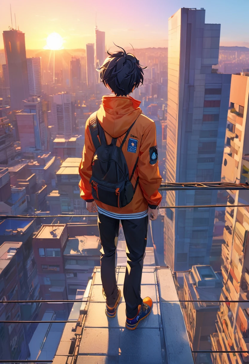 wide shot, ((Art, anime full body detailed : 1,6)), ((a man standing on the roof:1.7,of a tall building Young boy anime style character vector illustration design. anime manga boy :1.7)), very colorful high Image quality: 1.3, appearance, 8k, full-frame matrix, deep shadows, ((one character)), (intricate details, subsurface scattering, hyper-detailed: 1.15), ( volumetric lighting, Sharpness: 1.5) hyper detailed, vibrant and well-defined lights and shadows)). beautiful colors of sunrise: 1.6, no text: 1.3. 32k.