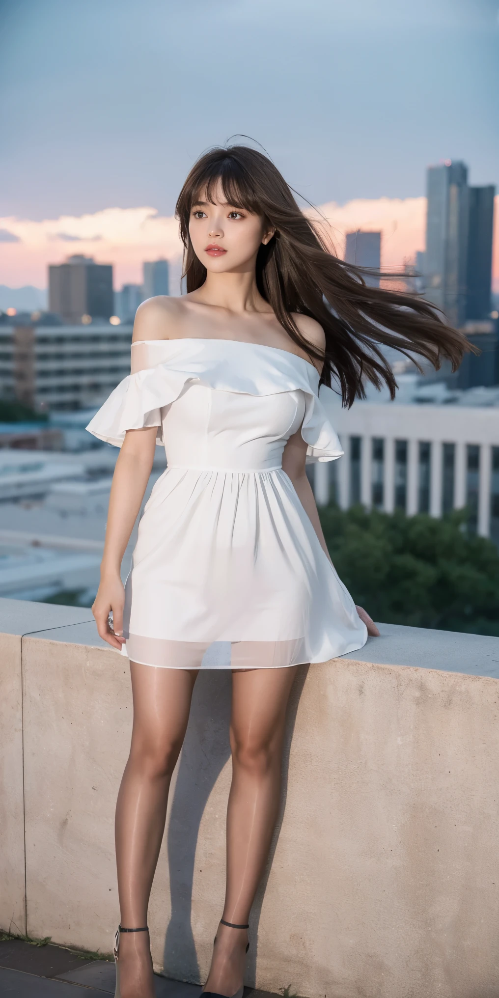 Overlooking the Kingdom of Night, Medium-long brown hair blowing in the wind, bangs , White off-the-shoulder mini dress, Sophisticated figure,Transparent and shiny light grey pantyhose,Cute white high heels