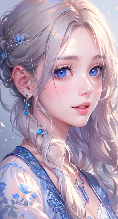 ((highest quality)), ((masterpiece)), (Get used to it), Perfect Face , masterpiece、highest quality、High resolution、High-quality images、8k, 1 female、Skin Radiance、Texture of skin and clothing、Expression of fine eyes、Shiny black hair,Girl with long braided hair, Manga inspired by Lee Jong-suk, Trending on deviantart, realism, detailed manga style, Manga art style, Perfect Line Drawing, Beautiful line art, digital manga art girl, K-POPアイドル, Beautiful blue eyes, Lips become thicker, Gorgeous face with attention to detail, (Cute Smile), charm, Innocent, Side view, (Perfectly detailed face), (Beautiful Hands) Photorealistic images, Written boundary depth, 20th Generation ,beautiful girl , Blue Rose , Lace dress , Medium Chest , protruding shoulders , I can see her cleavage , Blue Rose , 背景にはたくさんのBlue Roseがあります ,