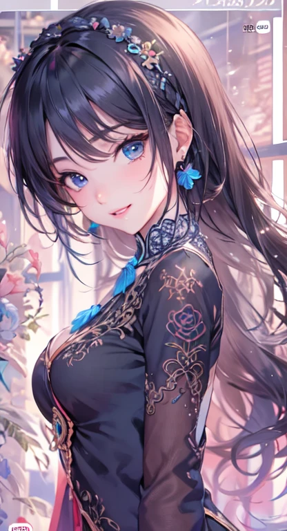 ((highest quality)), ((masterpiece)), (Get used to it), Perfect Face , masterpiece、highest quality、High resolution、High-quality images、8k, 1 female、Skin Radiance、Texture of skin and clothing、Expression of fine eyes、Shiny black hair,Girl with long braided hair, Manga inspired by Lee Jong-suk, Trending on deviantart, realism, detailed manga style, Manga art style, Perfect Line Drawing, Beautiful line art, digital manga art girl, K-POPアイドル, Beautiful blue eyes, Lips become thicker, Gorgeous face with attention to detail, (Cute Smile), charm, Innocent, Side view, (Perfectly detailed face), (Beautiful Hands) Photorealistic images, Written boundary depth, 20th Generation ,beautiful girl , Blue Rose , Lace dress , Medium Chest , protruding shoulders , I can see her cleavage , Blue Rose , 背景にはたくさんのBlue Roseがあります ,