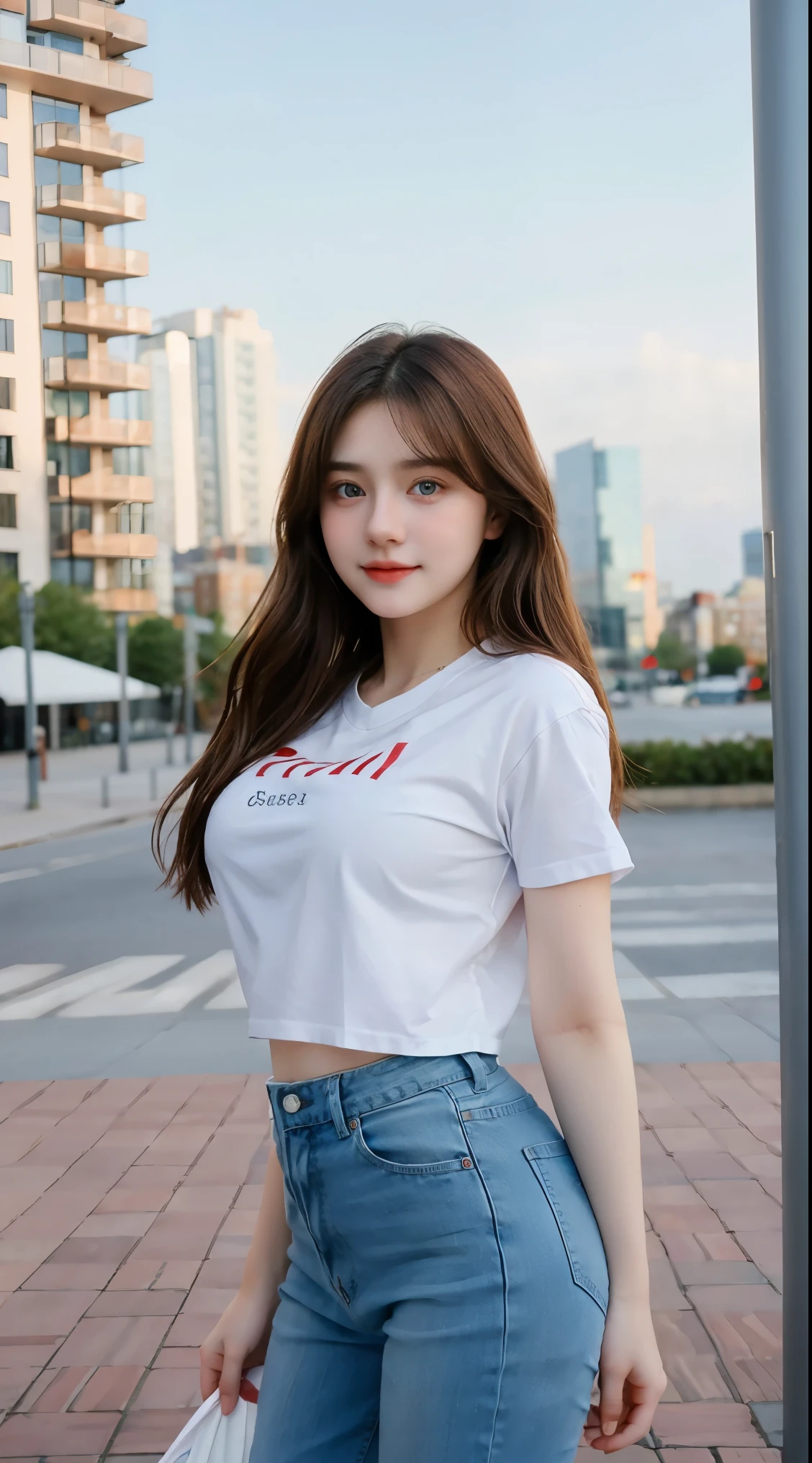 Gorgeus Girl, Beautiful, Baby Face, 20 Years Old, White Skin, Beside, Sexy Pose, long red t-shirt, Blue Eye, Bokeh, city Background, Masterpiece, asking for a hug, full body Shot, open arms