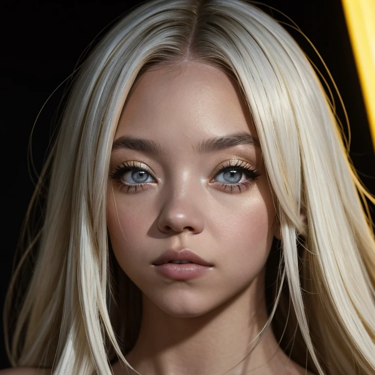 Sydney Sweeney, mksks style, 1girl, cute, surrounded by yellow lighting, gold eyes, white hair, black background, closeup, no smile, masterpiece, ultra detailed