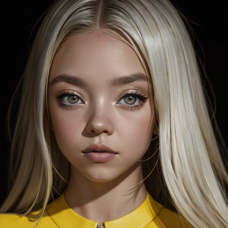 Sydney Sweeney, mksks style, 1girl, cute, surrounded by yellow lighting, gold eyes, white hair, black background, closeup, no smile, masterpiece, ultra detailed