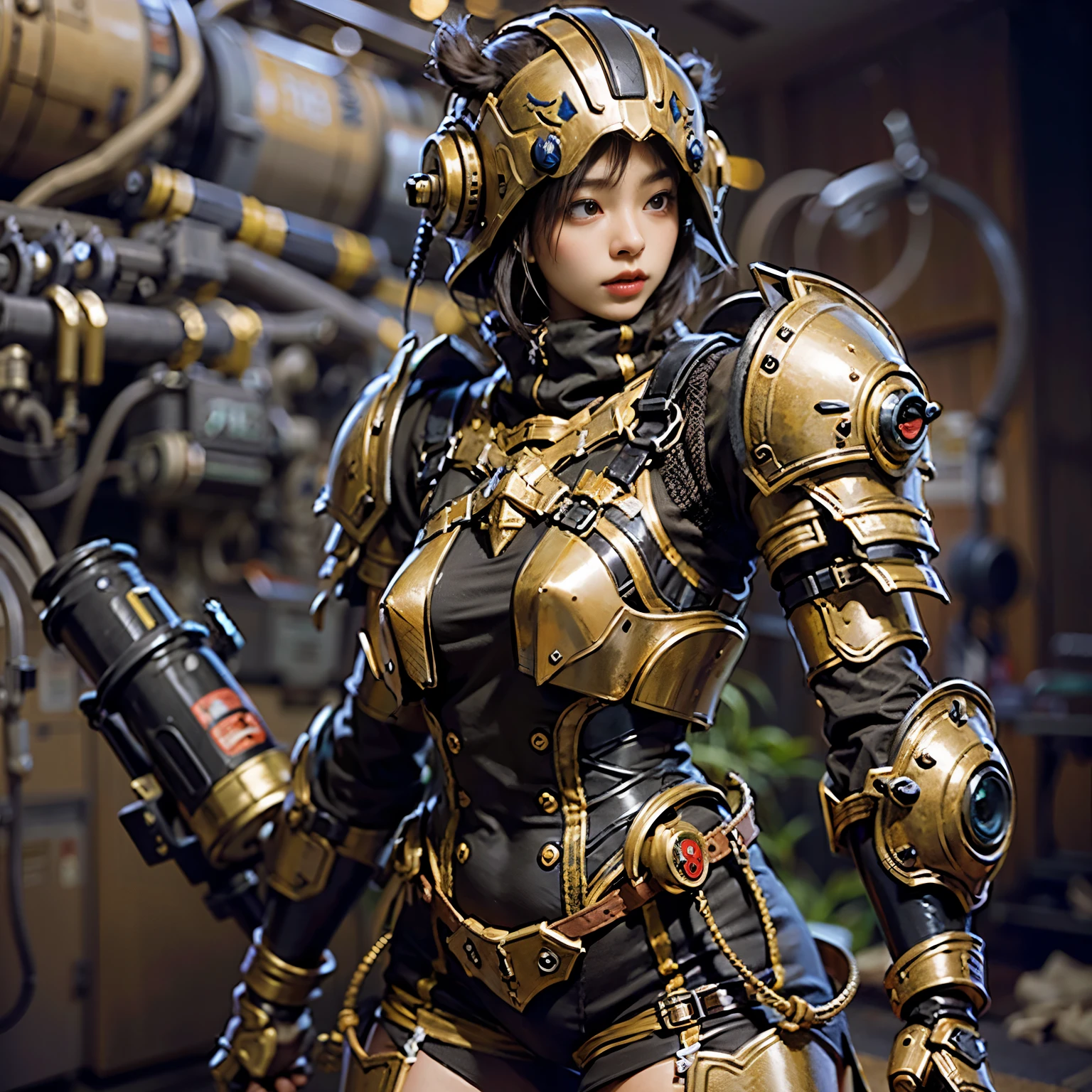(mechanical armor with reference to a dung beetle), power pipes, hydraulic cylinders, ultimate intricate detail, Japanese female soldier in mechanical armor, very beautiful face, realistic, full body shot, sortie from secret base