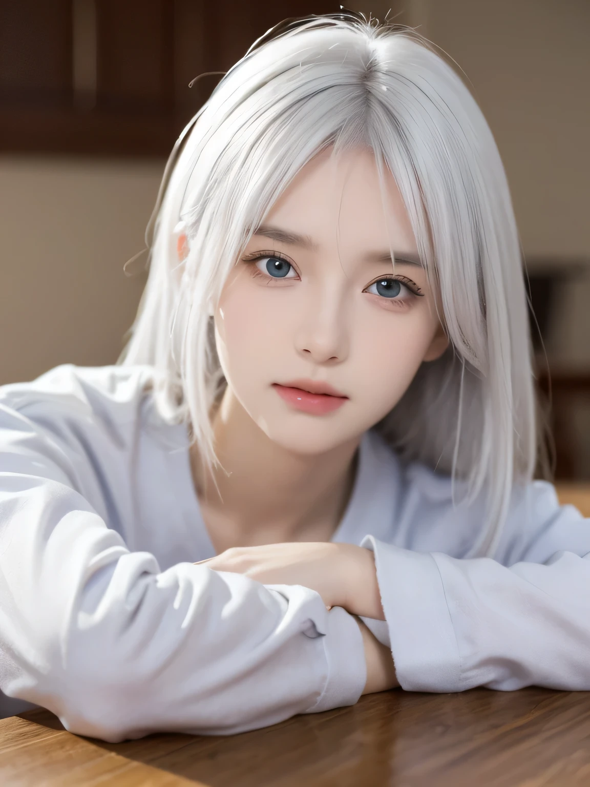 A girl, Beautiful eyes as deep as the night sky, Half of a sad face lying on the table, white hair, Watching you, There is anime/Semi-realistic art style