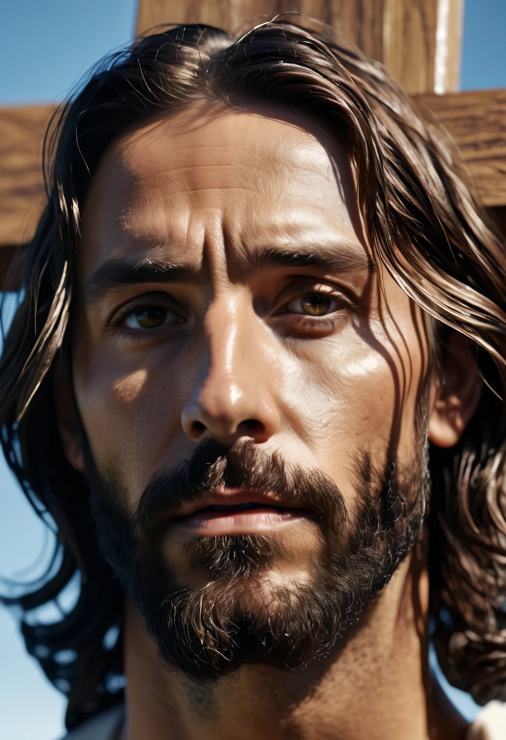 portrait of a modern Jesus, on the cross, cinematic lighting, depth of field, hips, realism, photorealistic, hyperrealism, professional photography, UHD, SLR camera, HDR