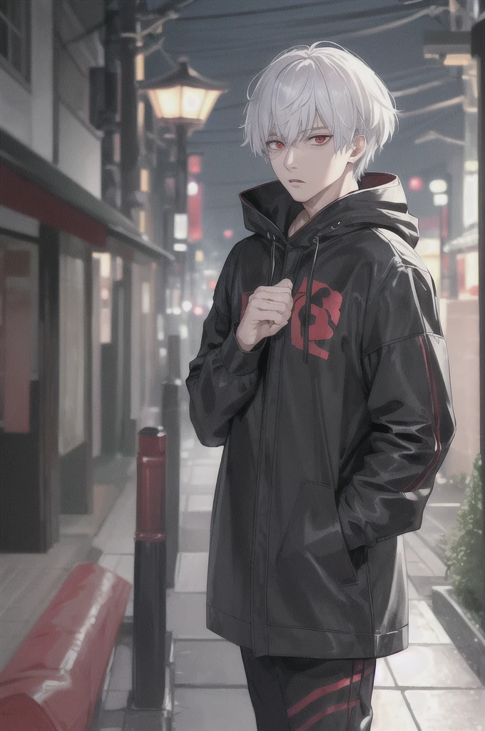 kk, best quality, more details, masterpiece, 1boy, kaneki ken, portrait, male focus, red eyes, solo, bangs, looking at viewer, hood, short hair, rain, tokyo tokyo \(city\), hood up, nail polish, white hair, luxurious, 8k, detailed, ray tracing, depth of field, cinematic lighting,