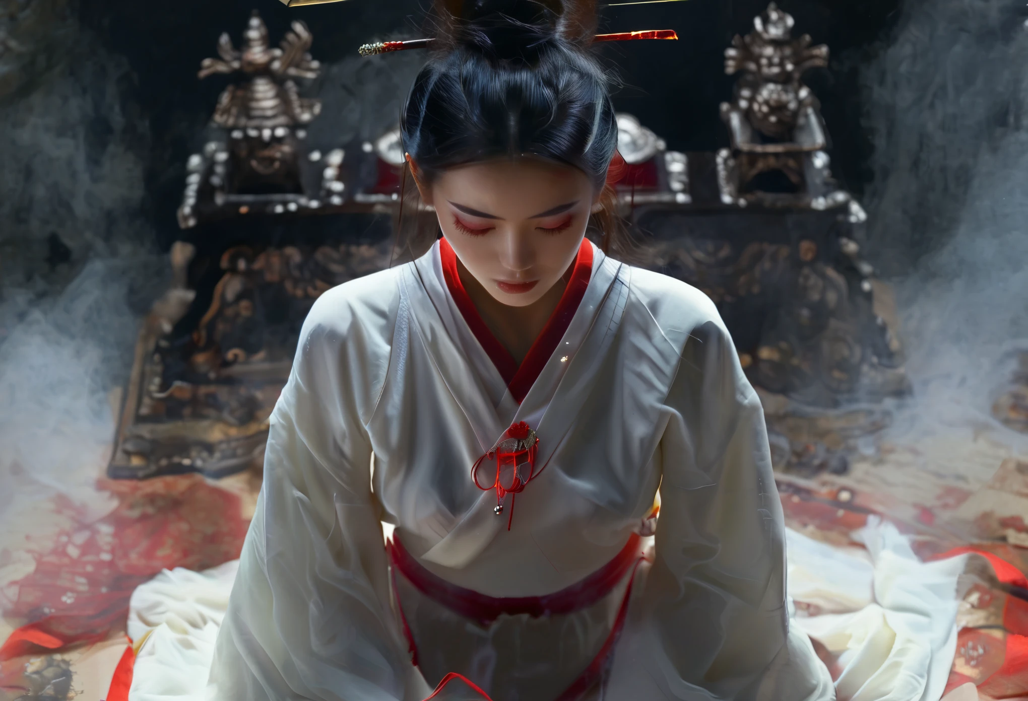 a bird's eye view capturing a stunningly beautiful Japanese shrine maiden clad in a white top and red bottom, striking a prayer pose while exuding an aura of serenity. However, looming ominously behind her, a vengeful spirit of a samurai manifests in a dark, eerie black aura, adding a chilling contrast to the otherwise tranquil scene. The juxtaposition of the maiden's grace and the samurai's haunting presence creates a captivating image that blends beauty with a touch of supernatural intrigue, inviting viewers to contemplate the duality of peace and vengeance.xianxia