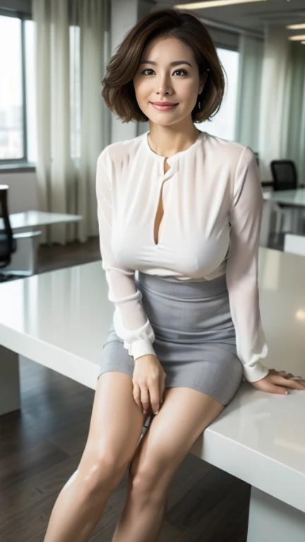 (highest quality,8k,masterpiece),　((Full body shot 0.85))、Facing forward、
日本人Mature Woman,40 years,Mature Woman,Pure white skin,
Depiction of large breasts、In the company office、
Sit with your legs apart,A gentle smile、A gaze that seduces viewers、White blouse、Grey tight skirt、