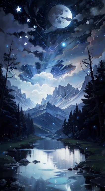 A painting of a river with stars and moon in the sky, concept art inspired by Tosa Mitsuoki, pixiv contest winner, best quality, fantasy art, beautiful anime scene, a bright moon, moonlit starry environment, dream painting, Anime Background Art, Fantasy Landscape Art, Fantasy Night, Anime Background, Background Artwork, Fantastic Art, Atmospheric Anime, Starry Sky, Detail Enhanced.