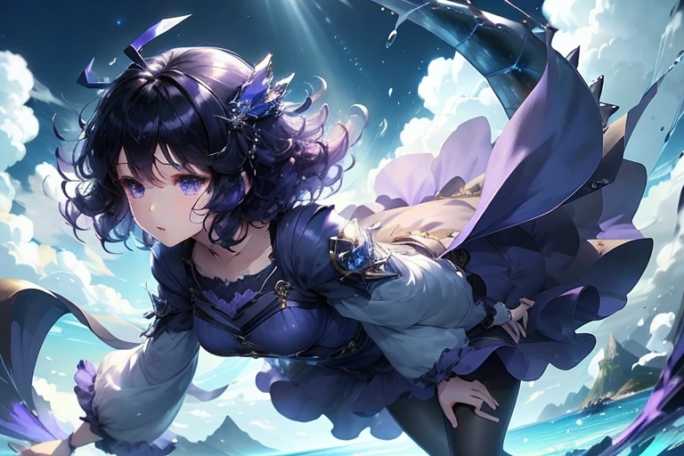 Fantasy,Bright,blue sky,white cloud,Brighten the sky color,Girl,teenager,Full body view,Floating in the sky,Hover,Put your right hand forward:1.8,Facing left,Purple clothes,short hair,Curly hair,Black Hair,Spiky Tiara,A giant blue dragon behind the girl,Freezing dragon Breath