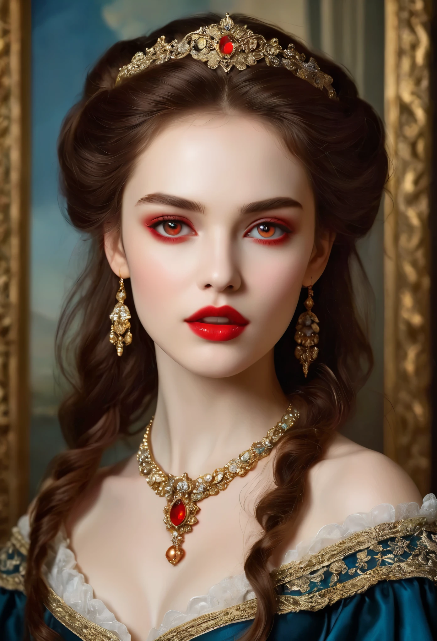 (High resolution,masterpiece:1.2),(Realistic:1.37)Portrait of an 18th century Russian vampire girl of unparalleled beauty. She has captivating red eyes and delicate rosy lips. Long fangs, The portrait is carefully drawn down to the smallest detail., Capture the subtle nuances of her features. She is wearing a beautiful silk gown, Adorned with intricate lace and delicate embroidery. This painting speaks of the luxury of the time., Luxurious velvet curtains and gold furniture in the background. The lighting is soft and diffused, Highlight the girl&#39;s graceful beauty. the colors are vivid and rich, Create compelling visual experiences. (This portrait is painted in the classical portrait style:1.5), Reminiscent of the works of famous artists of the time. It exudes elegance, Grace, Sophistication. sharp long claws, (Crimson eyes:1.4), Flame-red eyes, (Sharp fangs visible through the gap between his lips:1.8), (There is a bite mark on the neck:1.5),２There are two holes, (pale skin:1.4),