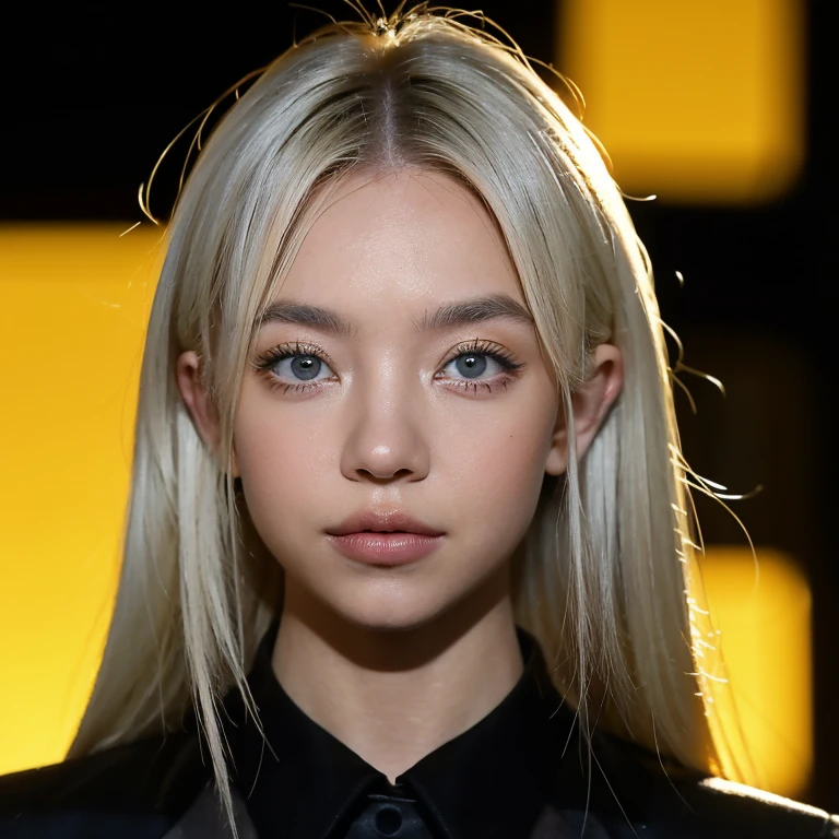 Sydney Sweeney, mksks style, 1girl, cute, surrounded by yellow lighting, gold eyes, white hair, black background, closeup, no smile, masterpiece, ultra detailed