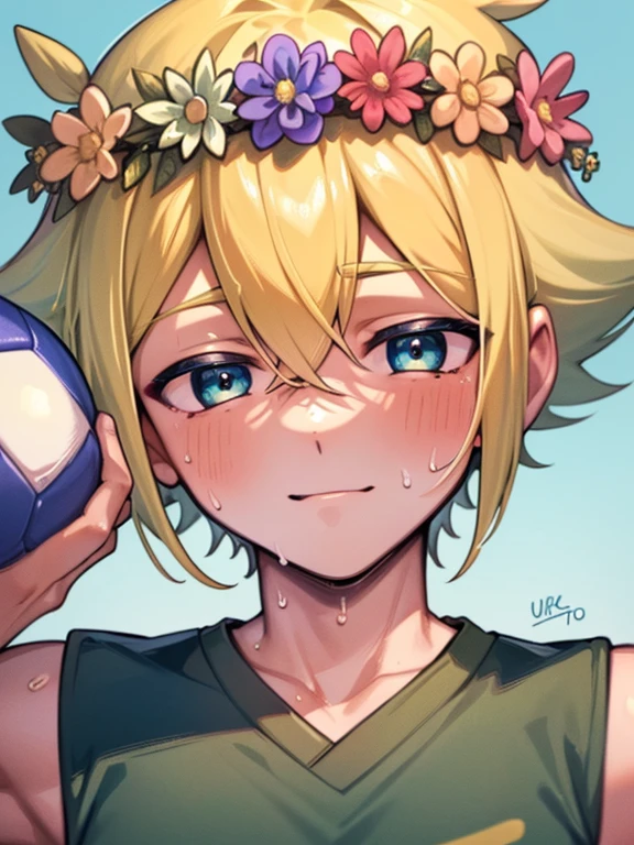 (best quality,4k,8k,highres,masterpiece:1.2),ultra-detailed,cute,blonde-haired boy with a head flower,green-haired boy with a head wreath, sweat, swimming uniform, , tiny penis, penis through suit, thicc