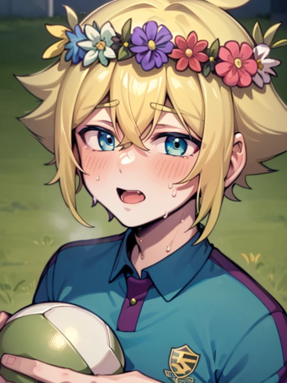 (best quality,4k,8k,highres,masterpiece:1.2),ultra-detailed,portraits,cute,blonde-haired boy with a head flower,green-haired boy with a head wreath, sweat, playing soccer, soccer uniform