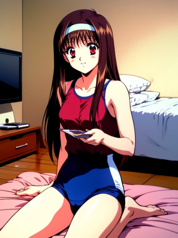 :Yuuki Mizuho, One girl, alone, Yuuki Mizuho, One girl, alone, Bloomers, Gym suit, Vault, blue Bloomers, Sitting, Jim's warehouse, Indoor long hair, hair band, Red eyes, brown hair, masterpiece, highest quality, 4K, 8k, 1990s (style), retro artstyle, Hotel Rooms, Hotel Bed, 
masterpiece, expensive quality, very_expensive_solve, big_file size, Full Color,