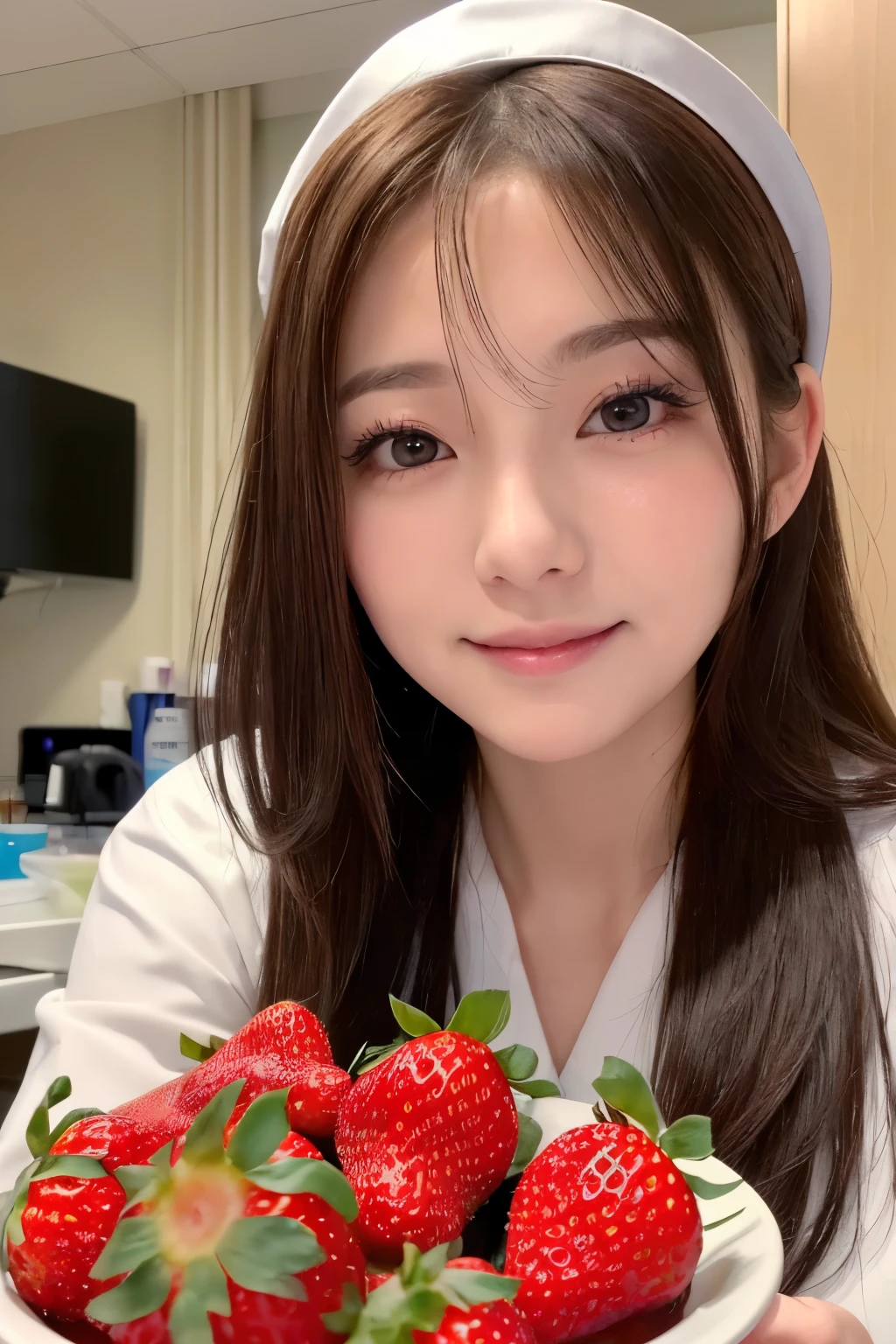 (1girl)、(Japanese、27 years old、Refreshing、clear、seems kind、stylish、(narrow eyes)、Pitiful、cute like an angel、cute、black eyes、Idol,actress,), Good style and slenderness, (Beautiful big breasts:0.7),(soft breasts),(very cute),(brown hair),,(tendrils),(medium long hair),(enchanting eyes),(highlight on eyes:1.2)、(8K、Live shooting、highest quality、masterpiece:1.2、optimal lighting)、((masterpiece)),(Photo taken by a professional photographer),(real、photo real:1.4),break,{ (white nurse costume),(((taraditional nurse uniform))),(white nurse mini skirt),(( pantyhose)),(cleavage:0.7)},(Smile1.0),(cheeks are red:1.2)、,((5A plate of strawberries:1.2))、Face close-up:1.3,Looking at viewer、Mouth wide open, break, break,Hospital room,Hospital bed,
