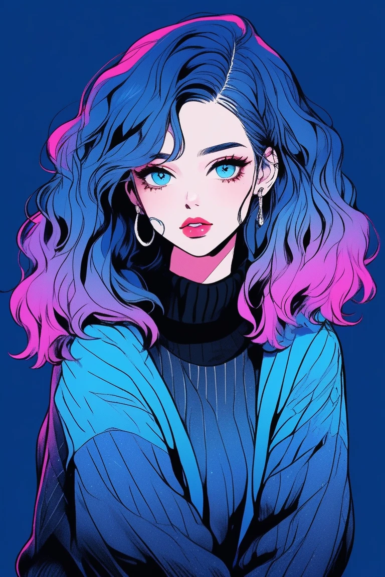 (best quality, sketch:1.2),realistic,illustrator,anime,1 girl, detailed lips,sweater,custom,blue gradient background,neon hair,textured cropping,Canadian, masterpiece, style retro classic, noir dark