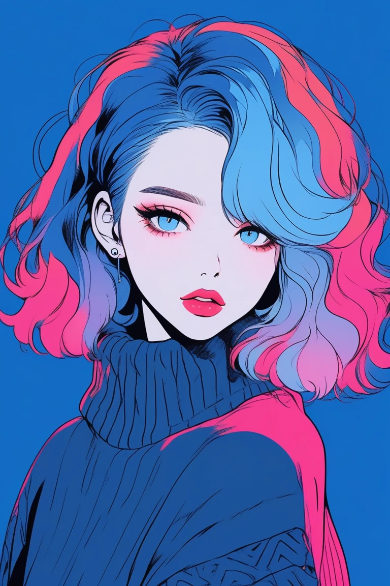 (best quality, sketch:1.2),realistic,illustrator,anime,1 girl, detailed lips,sweater,custom,blue gradient background,neon hair,textured cropping,Canadian, masterpiece, style retro classic, noir dark 