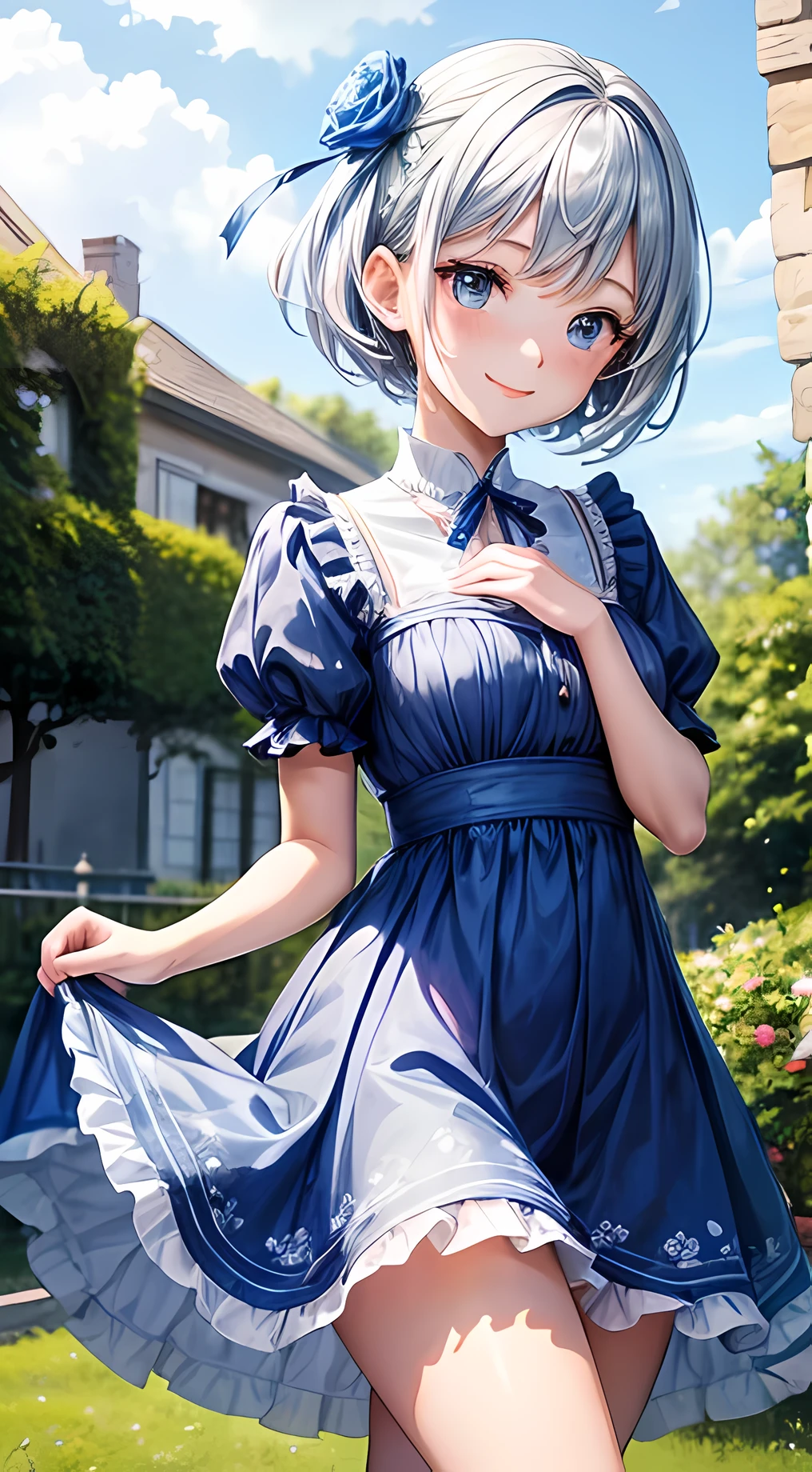 A girl anime in garden, the girl have blue dress and silver short hair, nobles , cute girl, smiling, Blue floral ribbon, hands pose