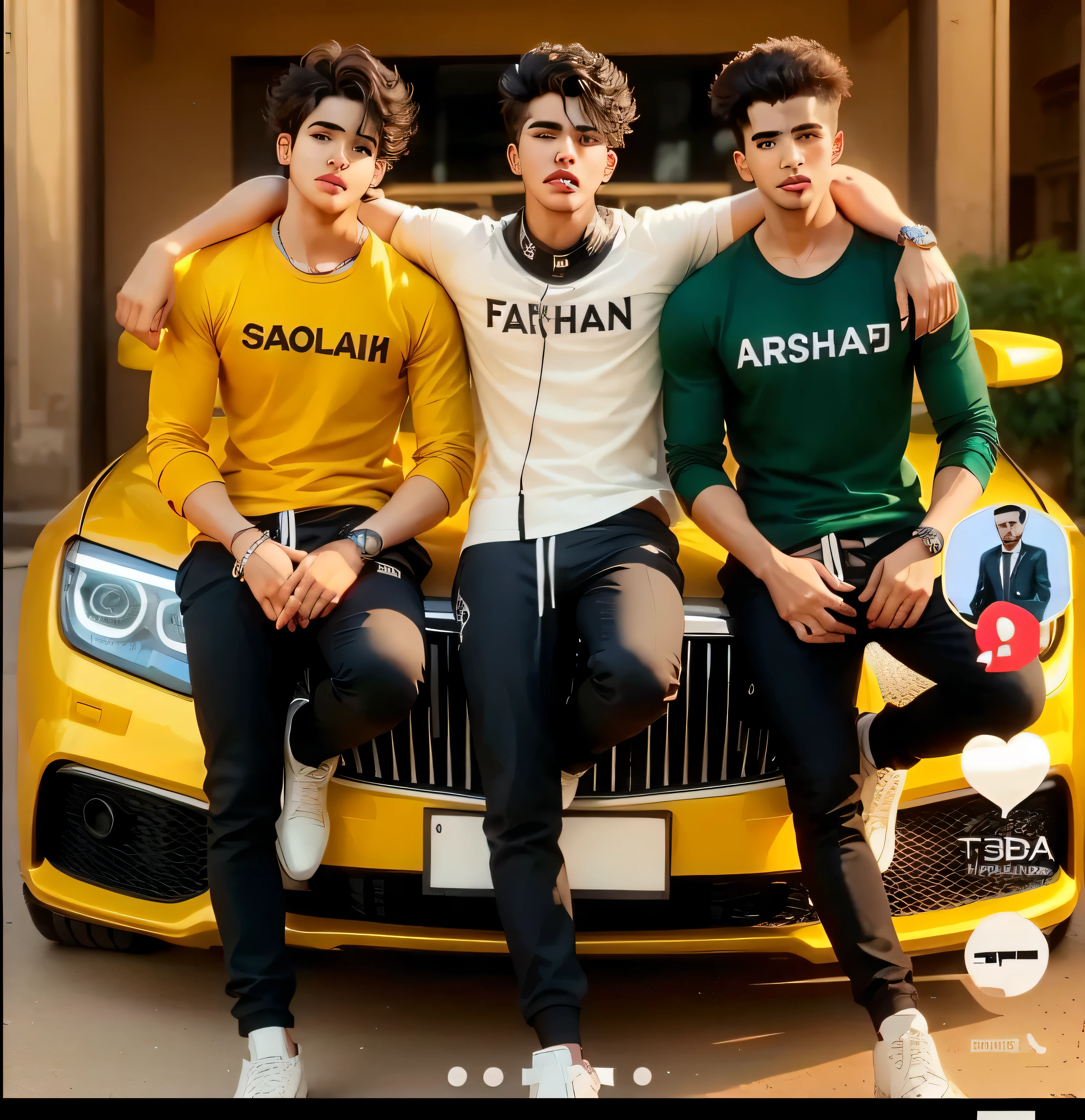 three young men sitting on a car with a yellow car behind them, profile pic, cute boys, mohamed chahin style, portait photo profile picture, tiktok video, trending on arstation, instagram model, trending artwork, youtuber, stylish pose, new song, high quality picture, arham horror, official, instagram story, trending on tiktok, photoshopped