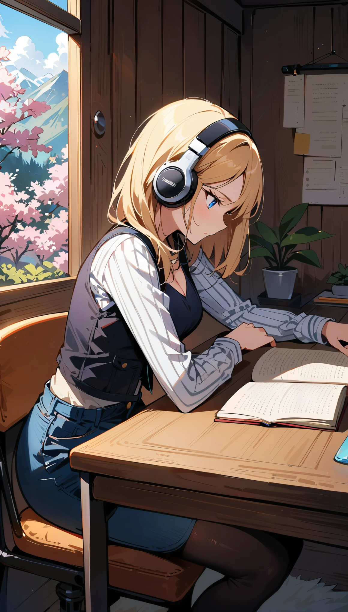 (masterpiece, best quality:1.2), 1girl, solo, Android 18 from Dragon Ball in her chic and pristine log cabin room, slender figure, (wearing white headphones), short blonde hair, blue eyes, earrings, jewelry, denim vest, black pantyhose, black fitted and cropped camisole, denim skirt, striped long sleeves, exposing her shoulders, seated at her stylishly organized desk intently writing in a journal, completely absorbed in documenting her thoughts, desk has a modern desk lamp, potted plant, an additional small potted plant in the foreground, chic log cabin style wooden walls, minimalist yet tasteful room decor with no clutter, large window with cherry blossoms blooming outside, side view, 4K