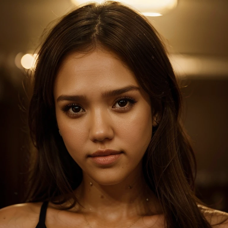 Jessica Alba, mksks style, 1girl, cute, surrounded by yellow lighting, brown eyes, brown hair, black background, closeup, no smile, masterpiece, ultra detailed