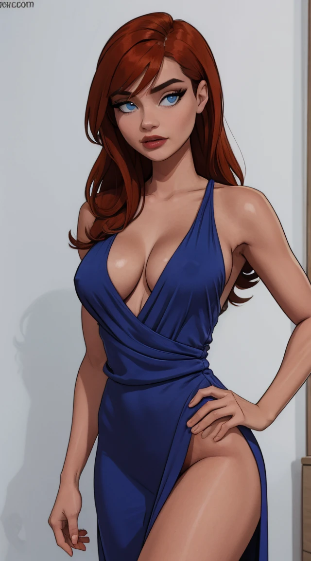 yo,top model body, sexy, hight heels, very very hot body, perfect body, perfect face, nlue open gorgeous long dress, red hair, crystal blue eyes , eyelashes, hot sexy girl in lovely blue dress