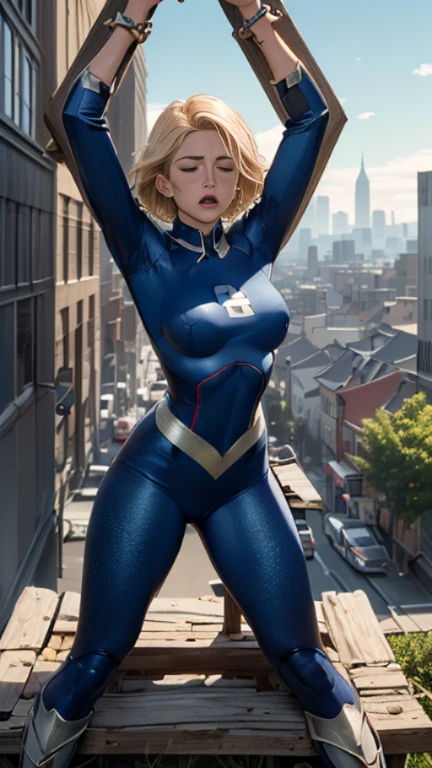(Highly quality, masterpiece, detailed), city detailed scenario, city detailed background, (x shaped pasting stand), (hands up, spread hands, in stocks pose:1.5), 1girl, Susan Storm, blue eyes, blonde hair, full body blue bodysuit, sleeves, perfect face, big breasts, (shut closed eyes, tears:0.95), sighing