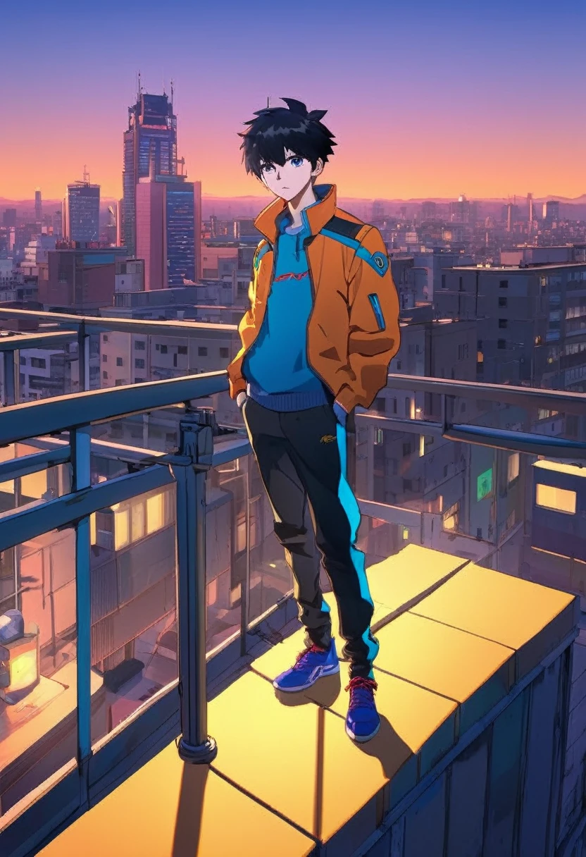 long shot, ((Art, anime full body detailed: 1.6)), ((a man standing on the roof:1.7)),((of a tall building young boy anime style character vector illustration design .boy anime manga:1.7)), very colorful high Image quality: 1.3, appearance, 8k, full frame matrix, deep shadows, ((one character)), (intricate details, subsurface scattering, hyper detailed: 1, 15), (volumetric lighting, Sharpness: 1.5) hyper detailed, vibrant and well-defined lights and shadows)). beautiful colors of sunrise: 1.6, no text: 1.3. 32k.