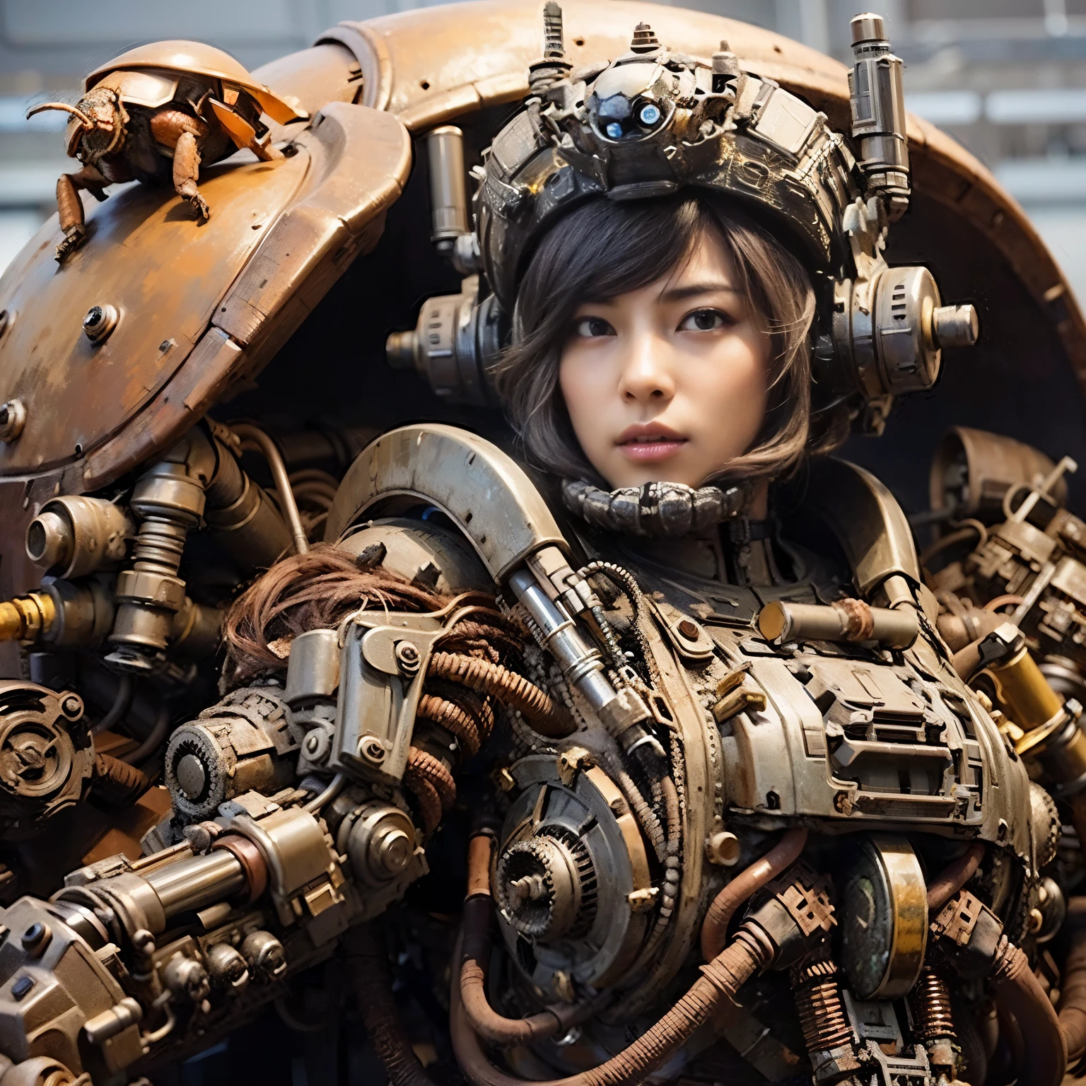 (mechanical armor with reference to a dung beetle), power pipes, hydraulic cylinders, ultimate intricate detail, Japanese female soldier in mechanical armor, very beautiful face, realistic, full body shot, sortie from secret base