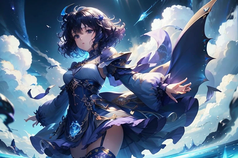 Fantasy,Bright,blue sky,white cloud,Lighten the sky,Girl,,Full body view,Floating in the sky,Hover,Put your right hand forward:2.0,Facing left,Purple clothes,short hair,Curly hair,Black Hair,Spiky Tiara,A giant blue dragon behind the girl,Freezing dragon Breath