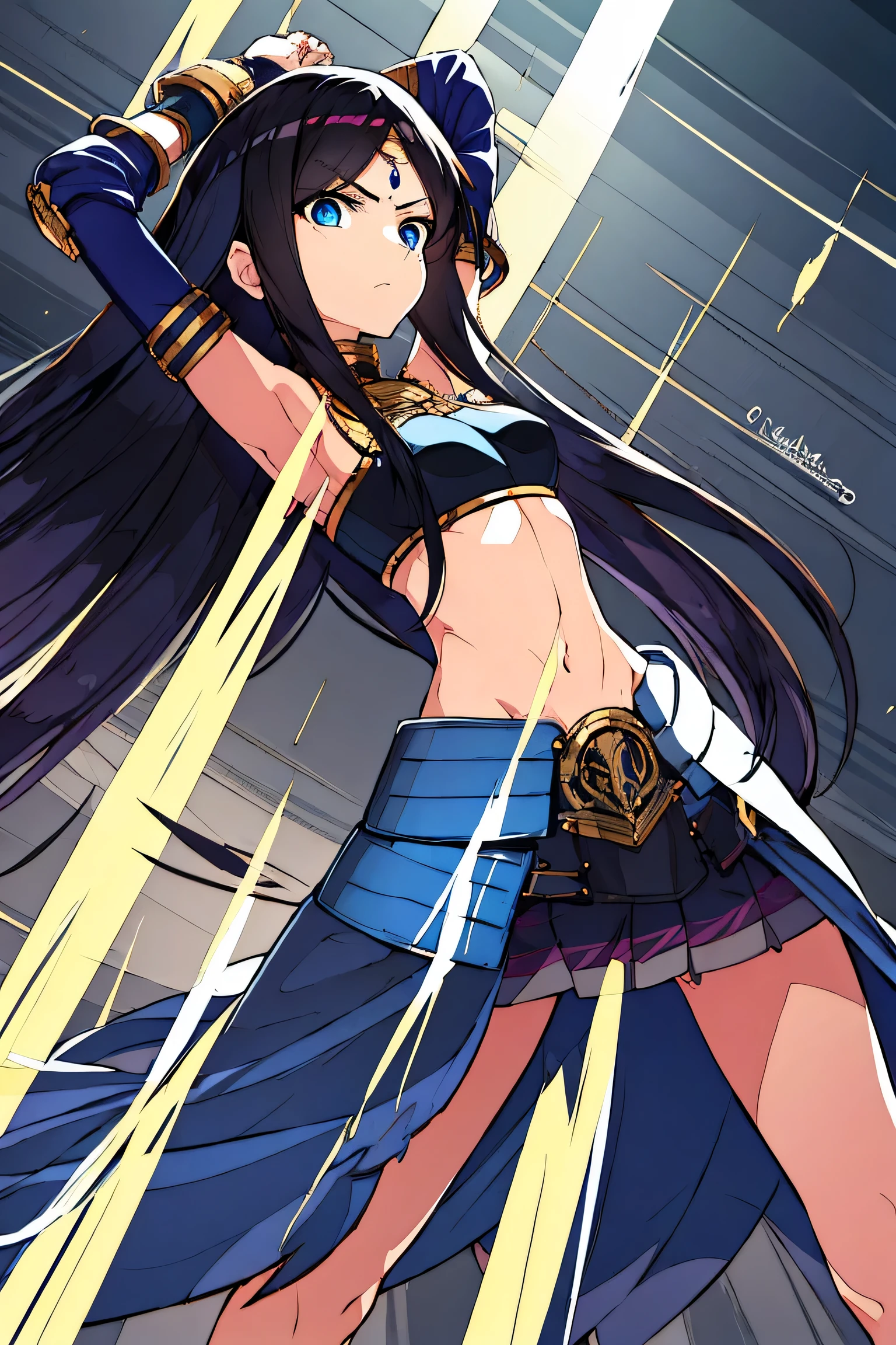 Flat chest, bra armor, battle skirt, navel, smooth belly, tied up black hair, kuudere face, emotionless blue eyes, nervous fighting, midriff, wrist cuffs, both arms up