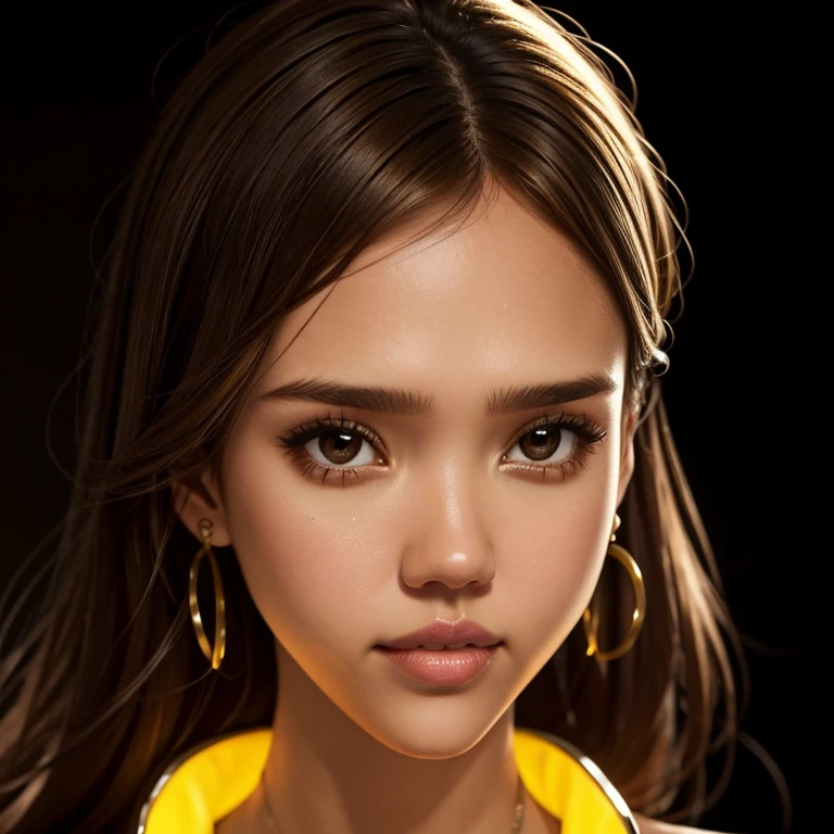 Jessica Alba, mksks style, 1girl, cute, surrounded by yellow lighting, brown eyes, brown hair, black background, closeup, no smile, masterpiece, ultra detailed