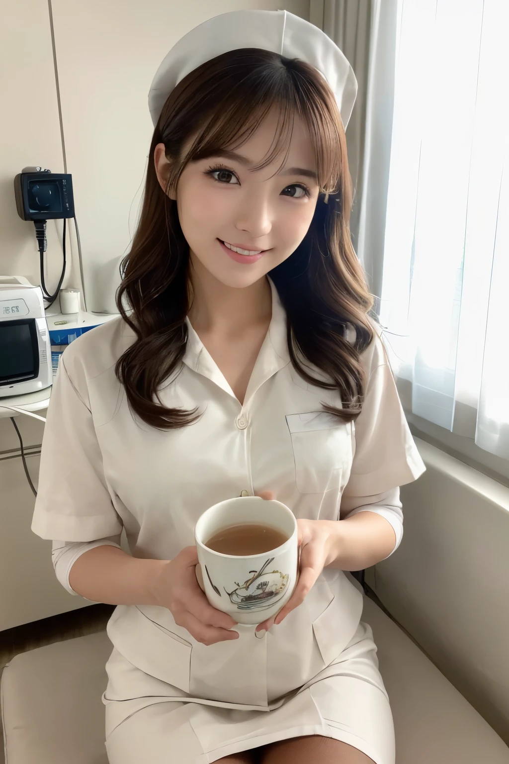 (１girl)、(Japanese、27 years old、Refreshing、clear、seems kind、stylish、(narrow eyes)、Pitiful、cute like an angel、cute、black eyes、Idol,actress,）, Good style and slenderness, (Beautiful big breasts:0.7),(soft breasts),(very cute),(brown hair),,（tendrils）,(medium long hair),(enchanting eyes),(highlight on eyes:1.2)、(8K、Live shooting、highest quality、masterpiece:1.2、optimal lighting)、((masterpiece)),(Photo taken by a professional photographer),(real、photo real:1.4),break,{ (white nurse costume),(((taraditional nurse uniform))),(white nurse mini skirt),(( pantyhose)),(cleavage:0.7)},(Smile1.0),(cheeks are red:1.2)、,((Cup with milk:1.2))、Face close-up:1.3,Looking at viewer、Mouth wide open, break, break,Hospital room,Hospital bed,