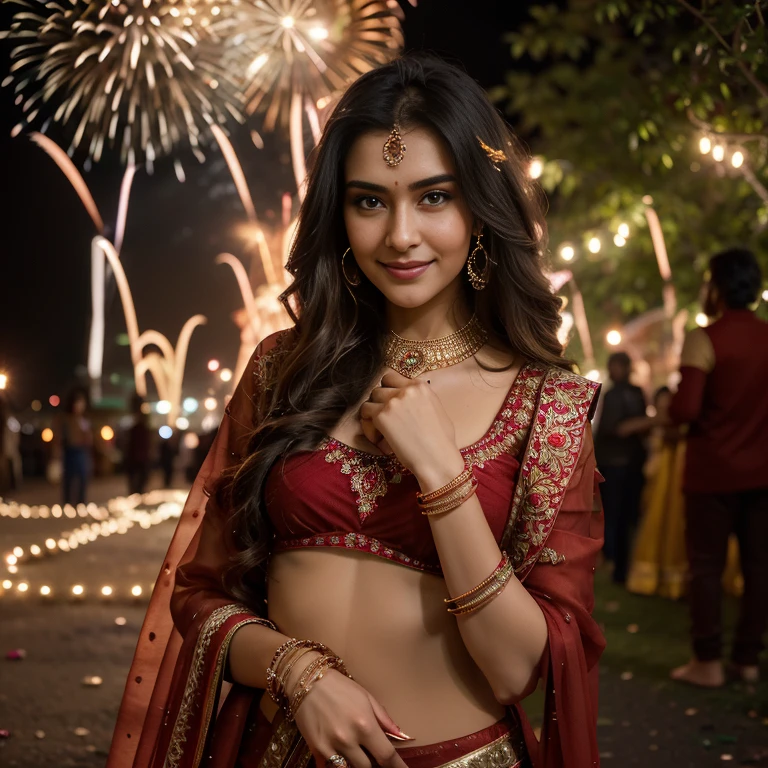 In the enchanting glow of Diwali, the streets come alive with a kaleidoscope of lights and the rhythmic flicker of earthen lamps. Amidst this magical splendor, a mesmerizing sight awaits. A resplendent young woman, draped in a vibrant red saree, stands as the epitome of grace and elegance. The intricate details of her ensemble shimmer softly, reflecting the warm hues of the festive lights around her and fireworks in the sky, With each step, she brings an aura of joy and celebration, her presence illuminating the entire street with a radiance that rivals the brightest fireworks. As she embraces the spirit of Diwali, her infectious smile lights up not only the scene but also the hearts of all who witness her ethereal beauty